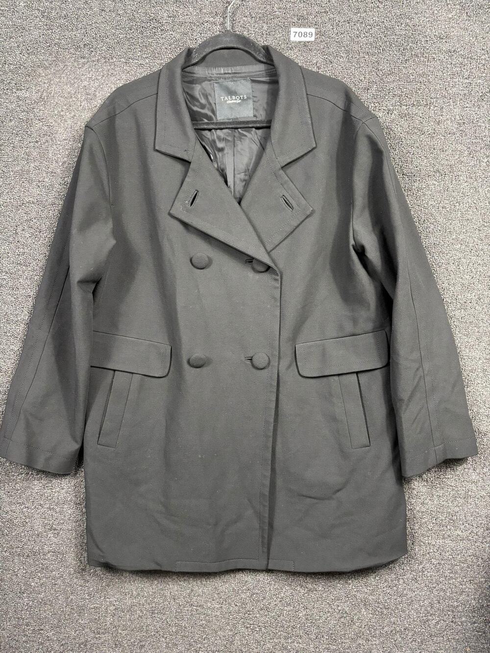 Talbots Jacket Womens 14 Black Double Breasted Pea Coat Trench Lightweight